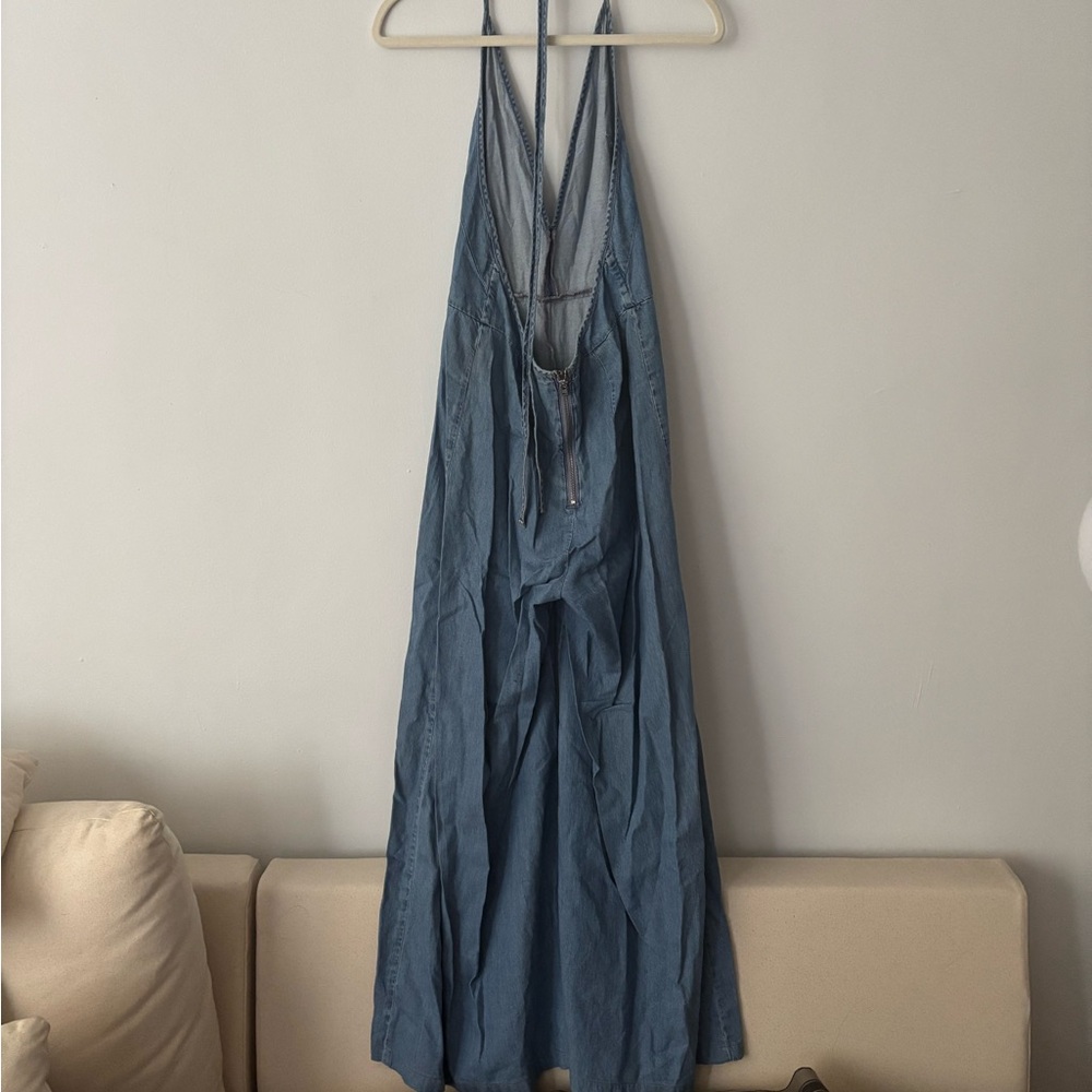 Free People Josie Wide Leg Halter Jumpsuit in chambray denim, sz M - Picture 3 of 3